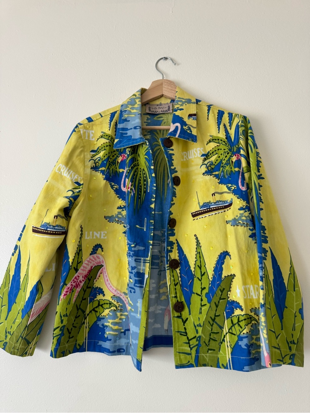 Vintage Yellow + Blue Tropical Print Jean Jacket